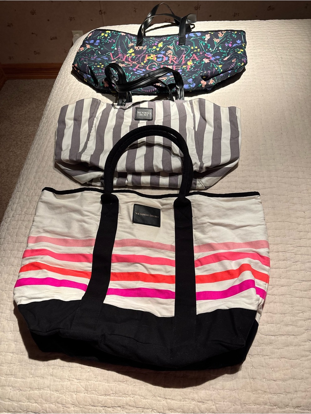 Victoria's Secret Canvas Tote Bag - White with Pink, Coral & Black